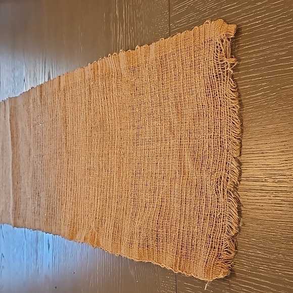 VINTAGE 2 piece Runner Tan Burlap w Fringe & Brown Weave. 72"x14" - Picture 10 of 10